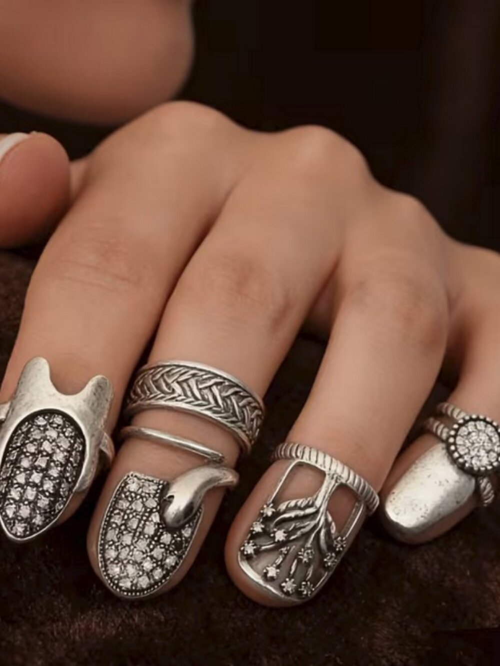4-piece Fingernail Ring Set Retro Bohemian Finger Ring Polished Antiquey Silvery